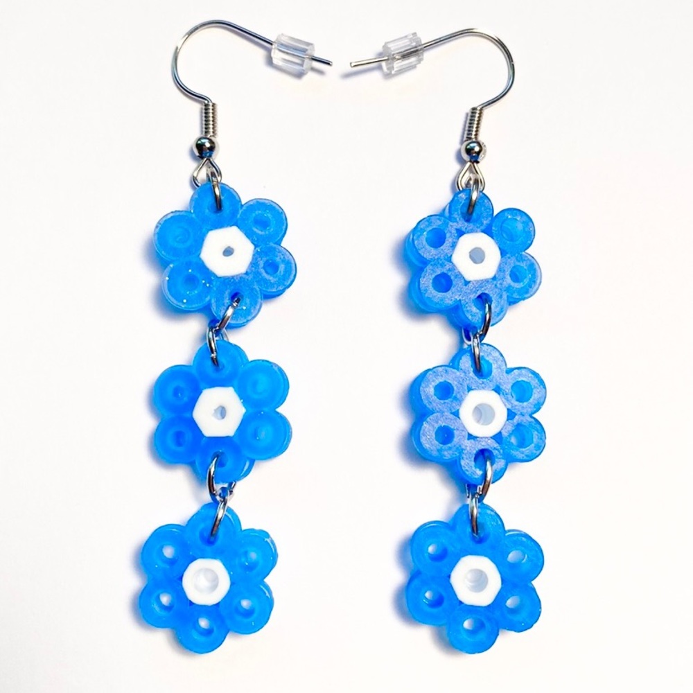 Handmade Perler Bead Blue/White Flower Chain Earrings. New